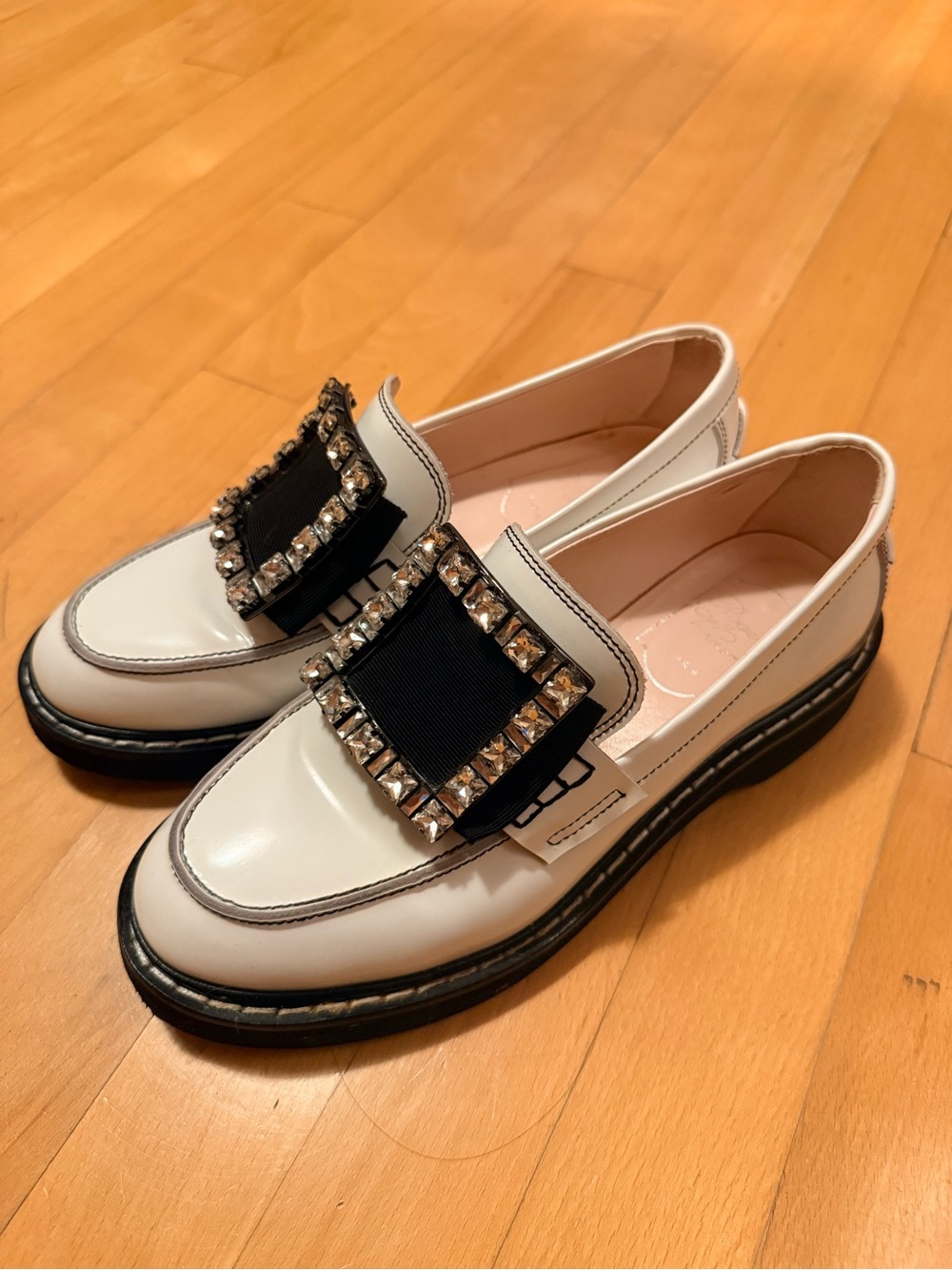 Roger Vivier Rangers Strass Buckle Loafers in White Size 37